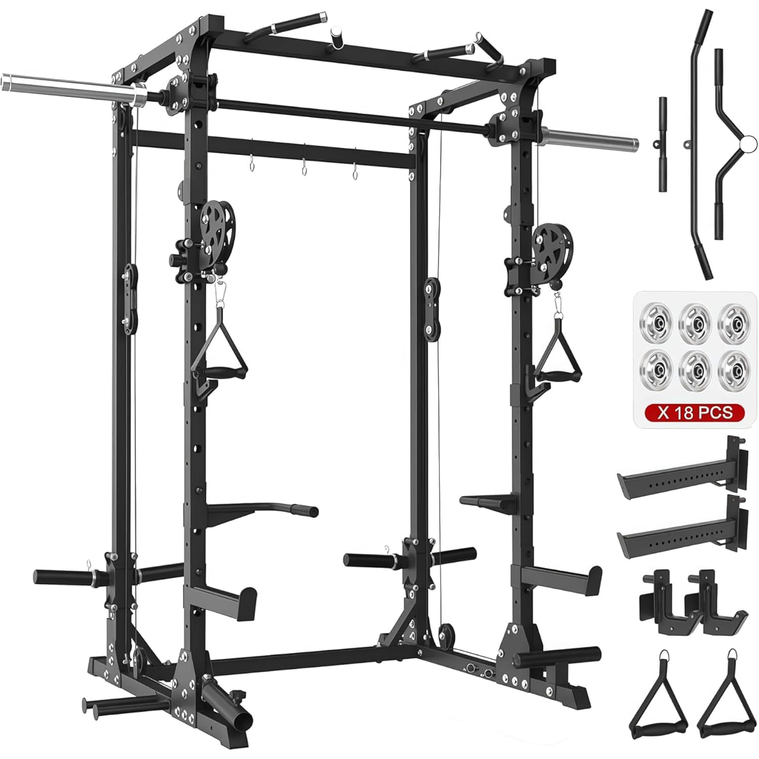 Home Gym One Machine - สมิธแมชชีน, แร็คสควอทแบบหนัก 5 in 1 พร้อมเคเบิ้ลครอสโอเวอร์,