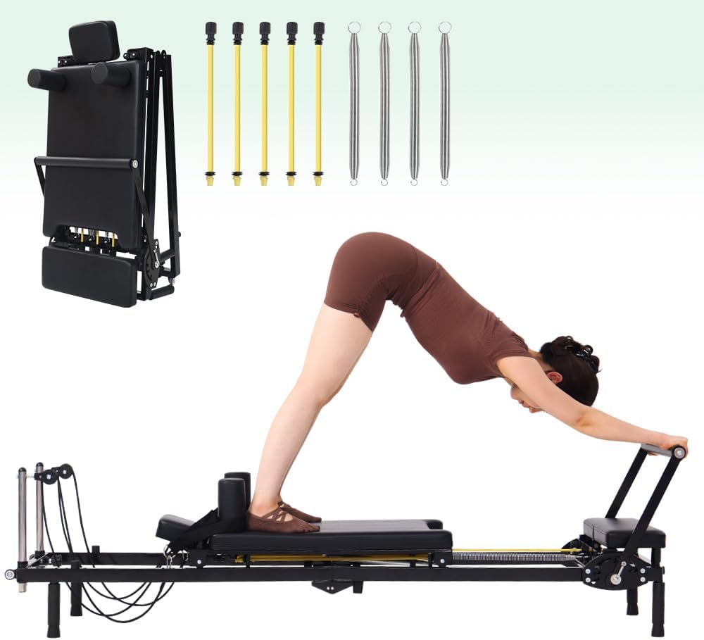 Home Gym Design - เครื่องพิลาทิสแบบพับได้, ระบบต้านทาน 2-in-1 ด้วยสปริงและเชือก, อุปกรณ์พิลาทิสสำหรับใช้ในบ้านและยิม, ออกแบบมาสำหรับผู้เริ่มต้นและผู้เชี่ยวชาญ,