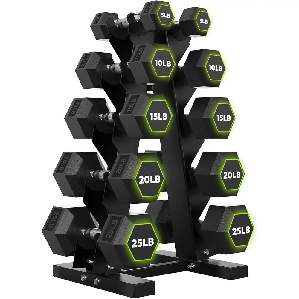 Home Gym Design - ดัมเบลหกเหลี่ยมพร้อมชั้นวาง A-E, ตัวเลือกน้ำหนัก 100-600 ปอนด์, ดีไซน์หกเหลี่ยมที่ไม่ลื่นไถล,