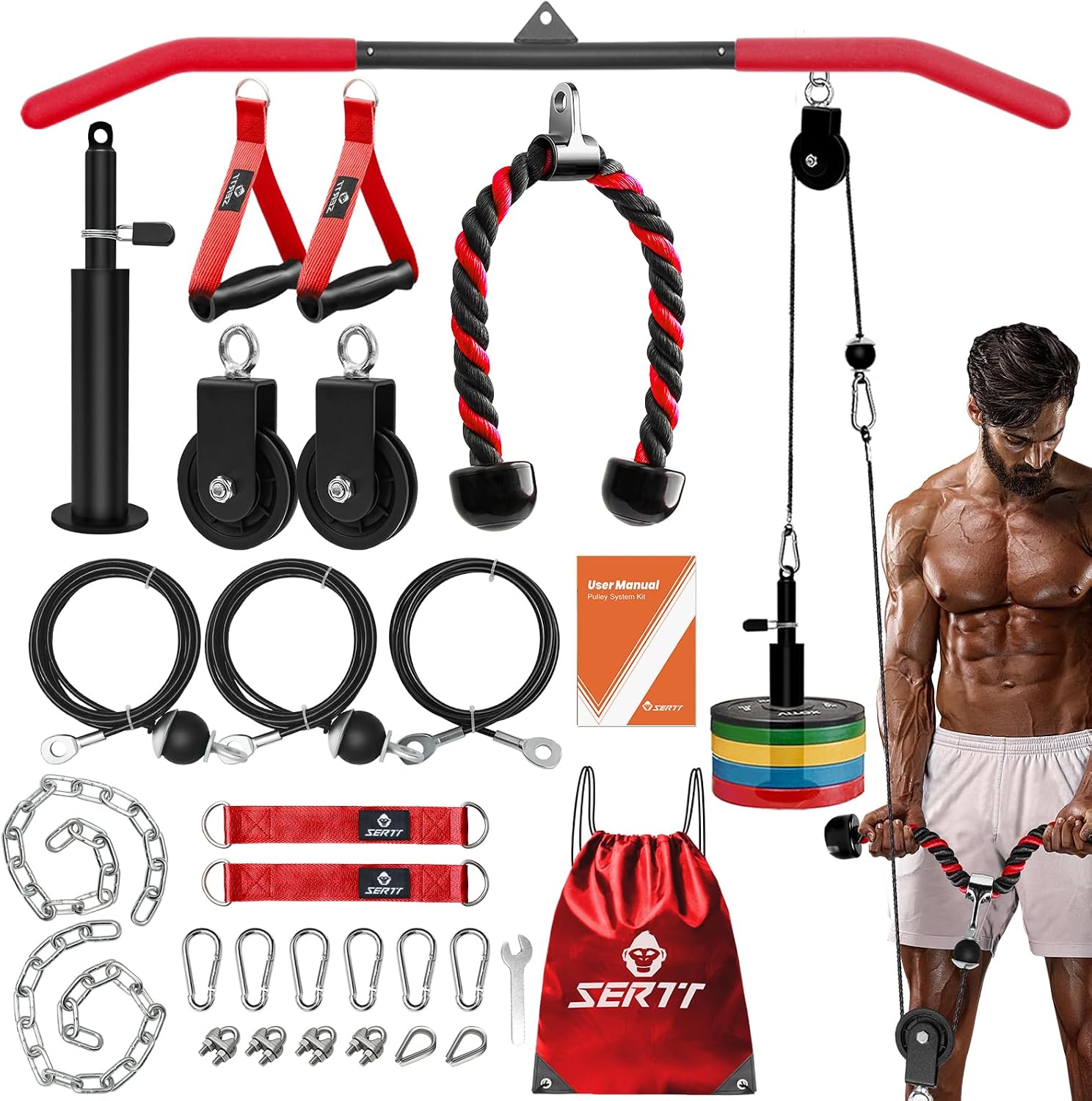 Pulley Home Gym - ระบบรอกออกกำลังกายที่บ้านสำหรับฝึกกล้ามเนื้อไตรเซ็ปส์ ลาติซ์ ดรอปอฟ และไบเซ็ปส์ - รับน้ำหนักได้