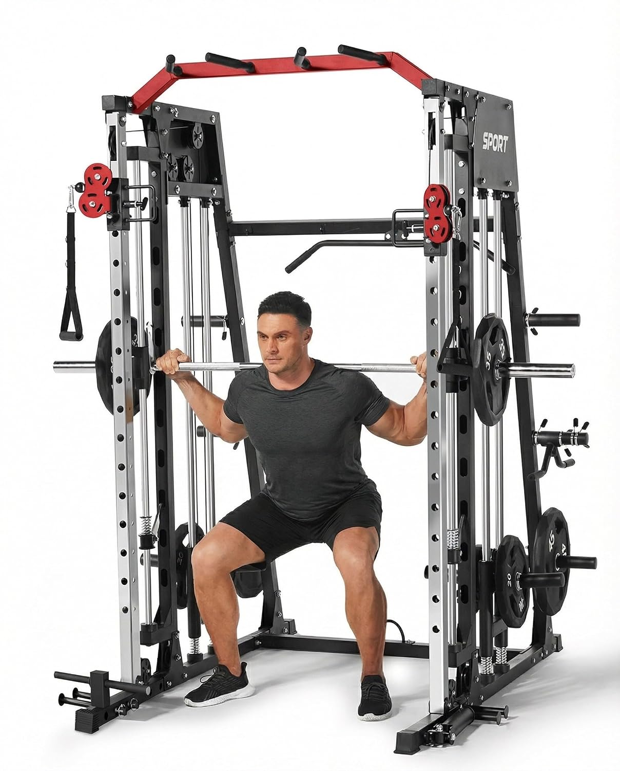Home Gym One Machine - เครื่องออกกำลังกายออลอินวันแบบสมิธแมชชีนสำหรับใช้ในบ้าน, แร็คสควอท 2200 ปอนด์ พร้อมระบบดึงข้อศอกลง (LAT-Pull