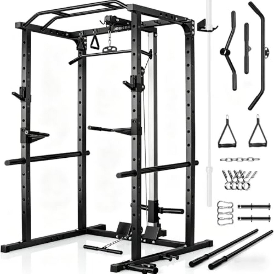 Squat Rack Power - แร็คออกกำลังกายแบบมัลติฟังก์ชั่นพร้อม LAT Pulldown โครงเหล็กสีดำ รับน้ำหนักได้ 2000