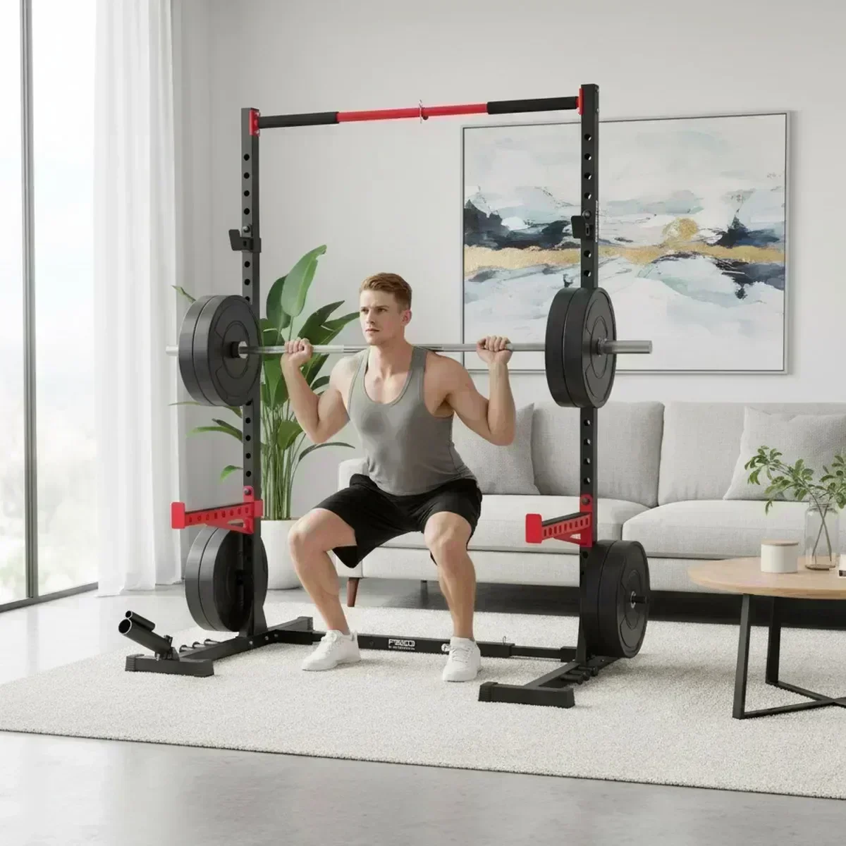 Squat Rack Power - แร็คสควอทปรับระดับได้สำหรับยิมที่บ้าน พร้อมบาร์ดึงข้อ โครงเหล็กแข็งแรงสำหรับฝึกยกน้ำหนัก