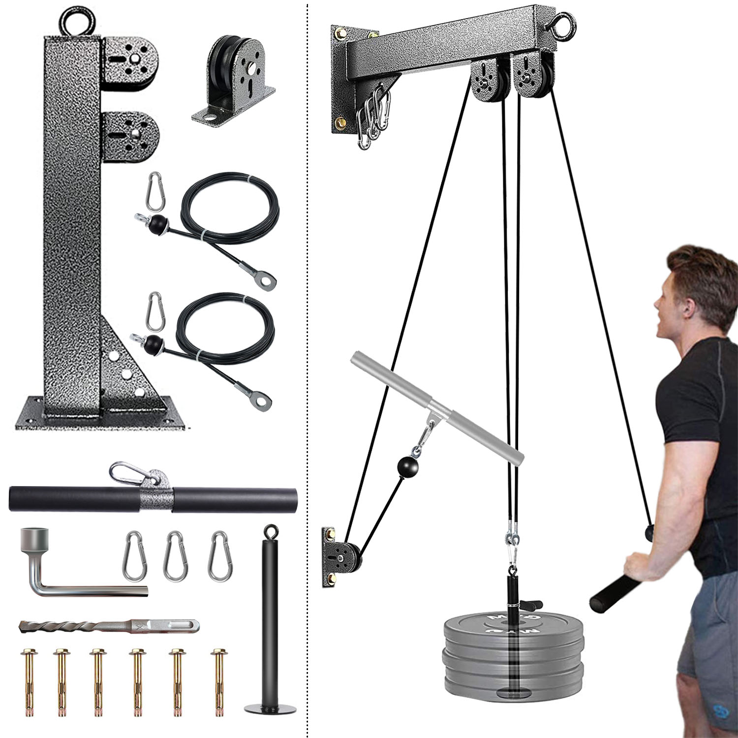 Pulley Home Gym - ระบบรอกติดผนังสําหรับออกกําลังกาย, ระบบรอกสายไฟน้ําหนัก, เหมาะสําหรับการฝึกความแข็งแกร่งของยิม, LAT Pull Down,
